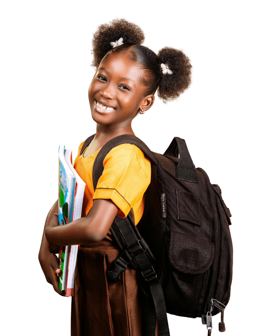 Smiling girl with backpack and supplies